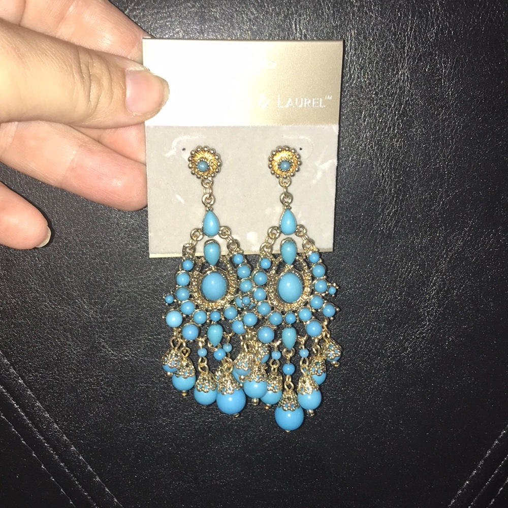 Lucy & Laurel blue and gold chandelier earrings